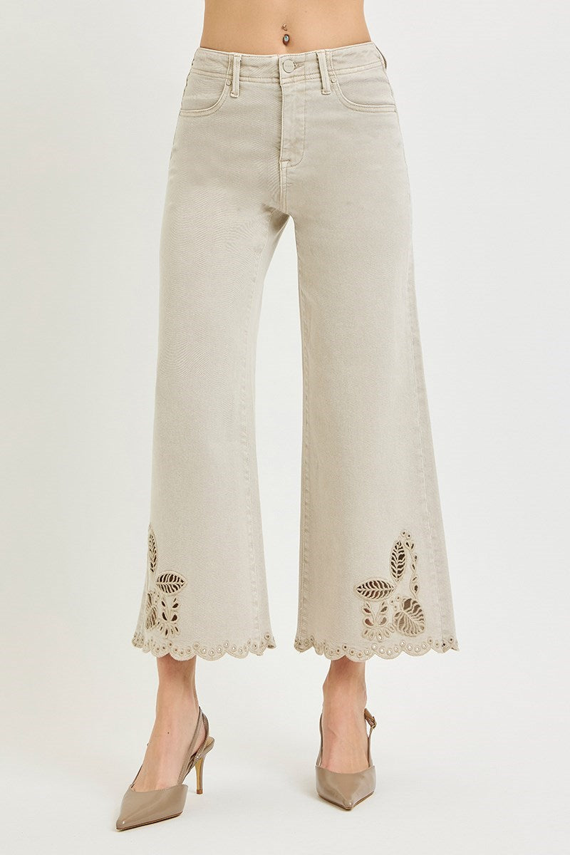 Tummy Control High Rise Crop Wide Eyelet-Embroidered Hem Pants Stretchy