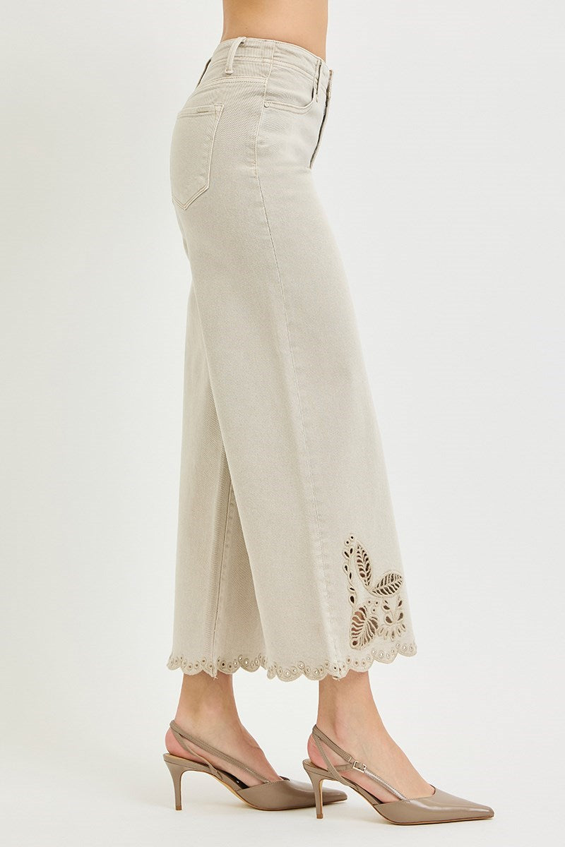 Tummy Control High Rise Crop Wide Eyelet-Embroidered Hem Pants Stretchy