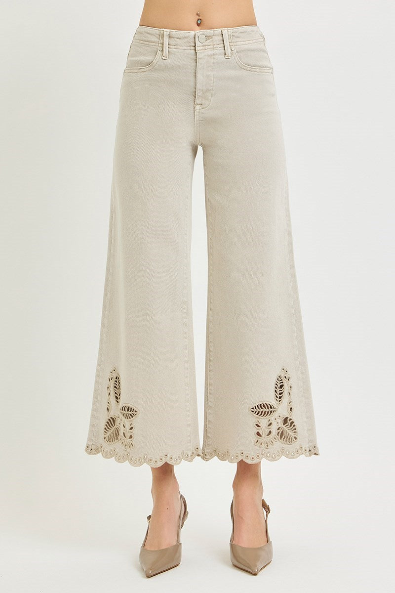 Tummy Control High Rise Crop Wide Eyelet-Embroidered Hem Pants Stretchy