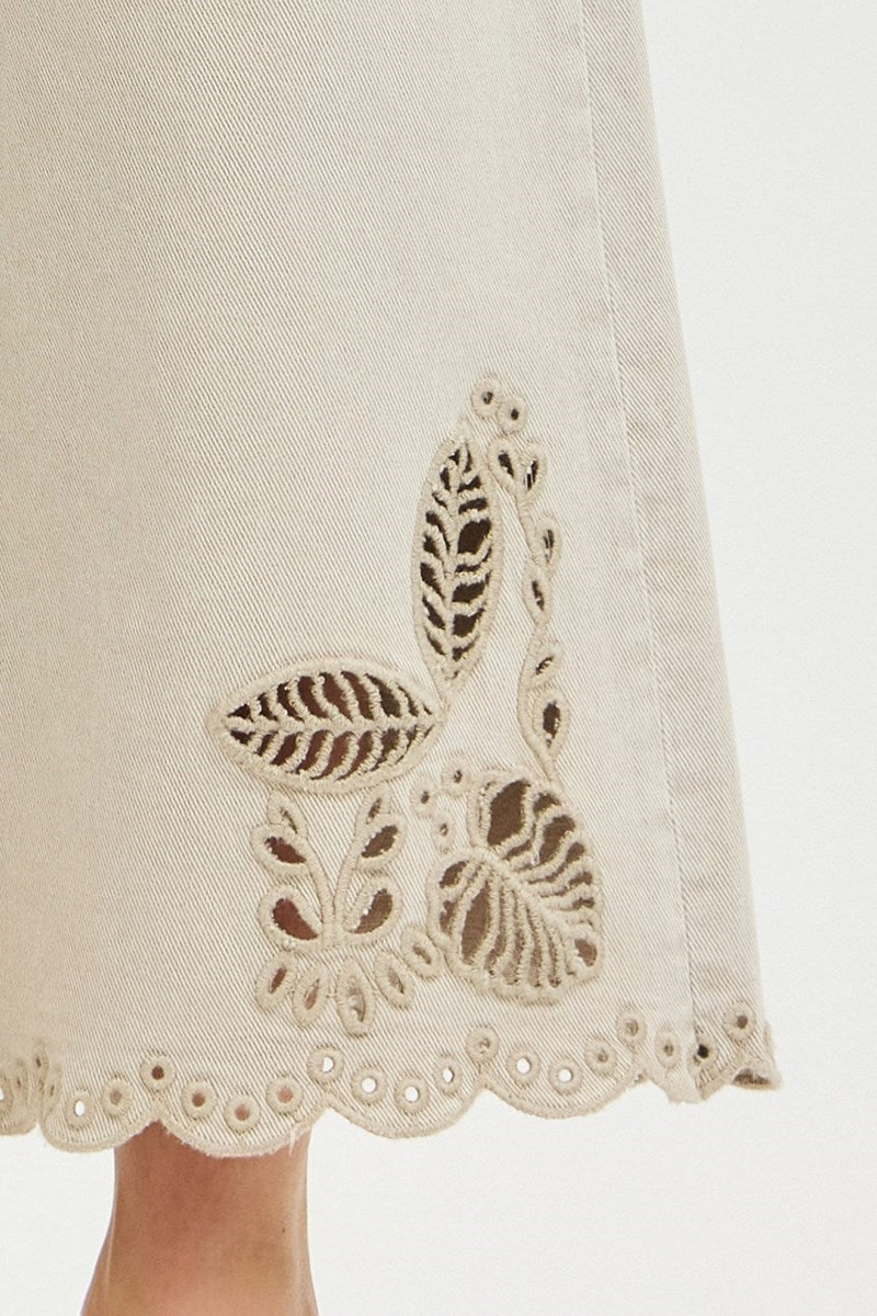 Tummy Control High Rise Crop Wide Eyelet-Embroidered Hem Pants Stretchy
