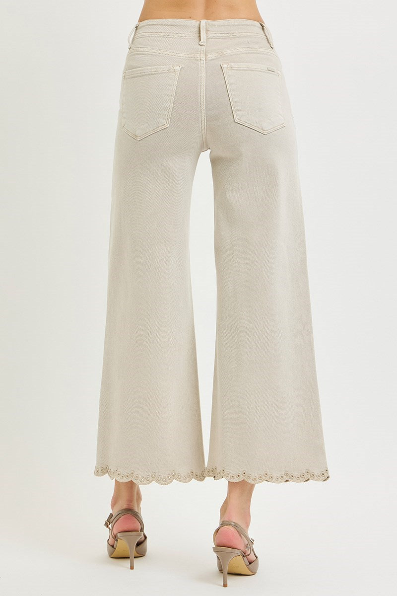 Tummy Control High Rise Crop Wide Eyelet-Embroidered Hem Pants Stretchy