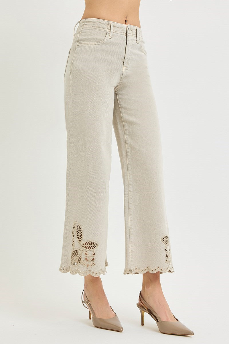 Tummy Control High Rise Crop Wide Eyelet-Embroidered Hem Pants Stretchy
