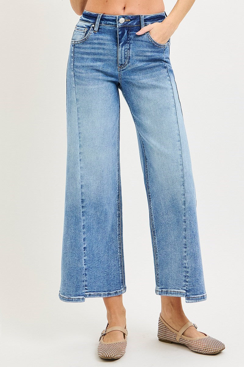 Mid Rise Crop Wide Jeans With Front Step Hem Details