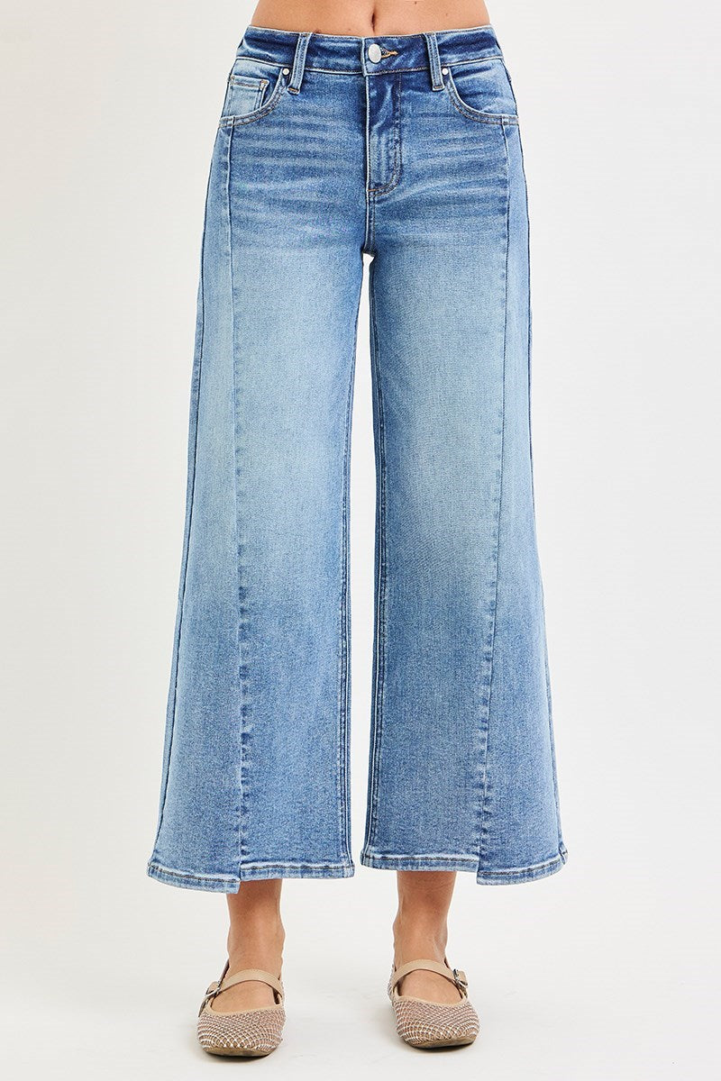 Mid Rise Crop Wide Jeans With Front Step Hem Details