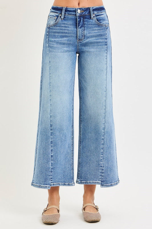 Mid Rise Crop Wide Jeans With Front Step Hem Details