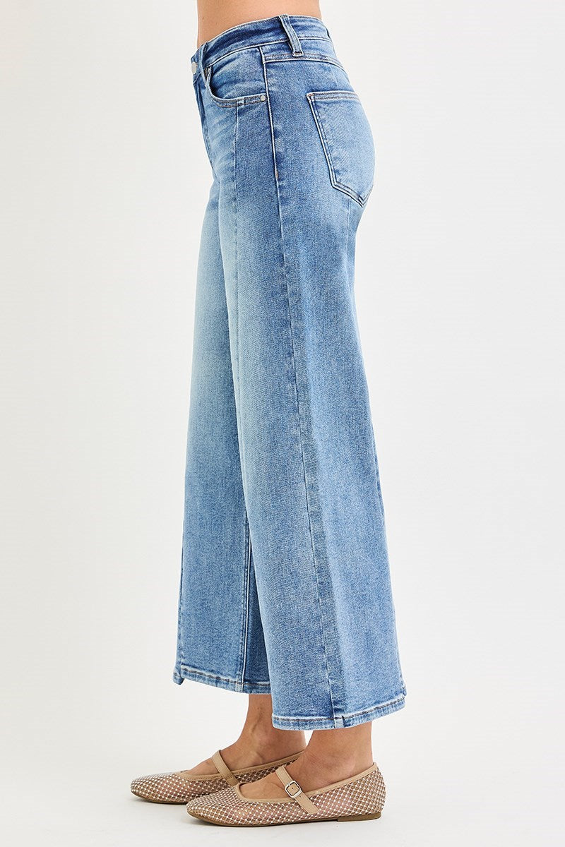 Mid Rise Crop Wide Jeans With Front Step Hem Details