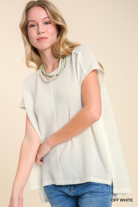 Waffle Knit Boatneck Batwing Tee w/ High Low Cut