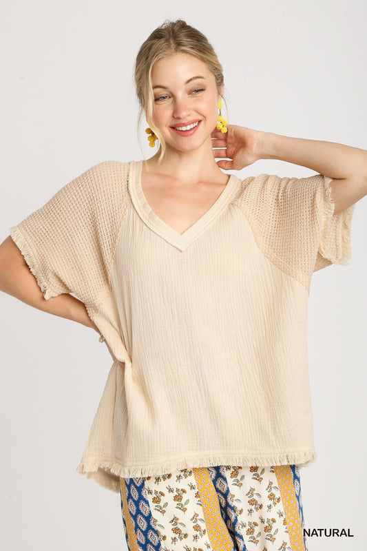 V-Neck Short Wide Sleeve Top