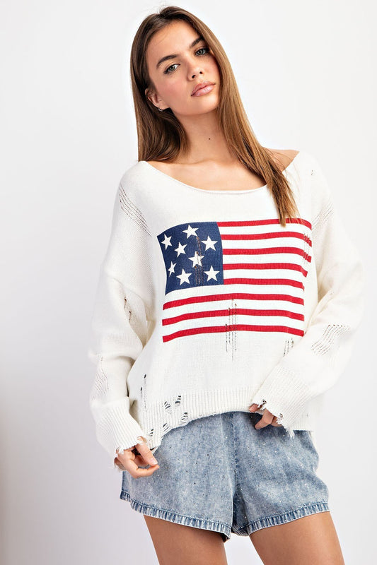Distressed Long Sleeve Sweater w/ American Flag