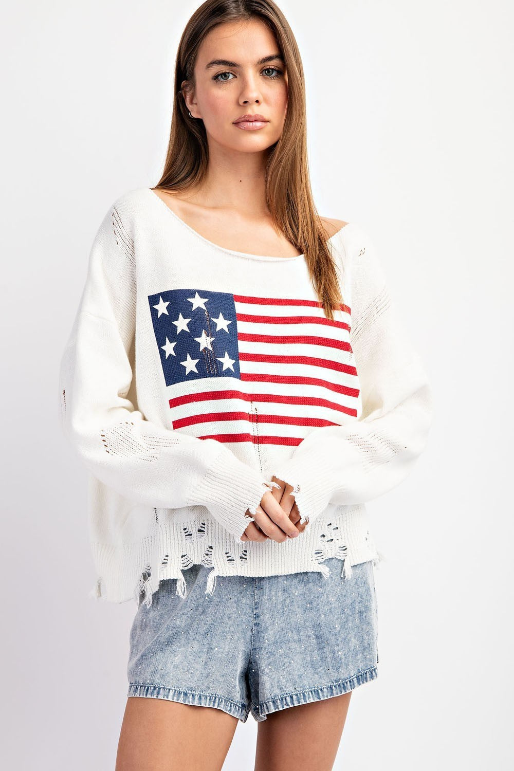 Distressed Long Sleeve Sweater w/ American Flag