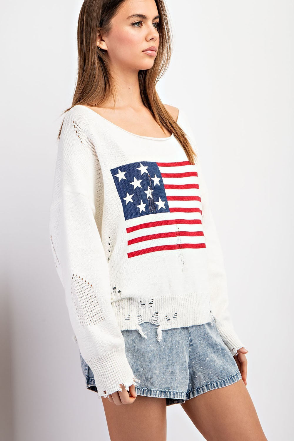 Distressed Long Sleeve Sweater w/ American Flag