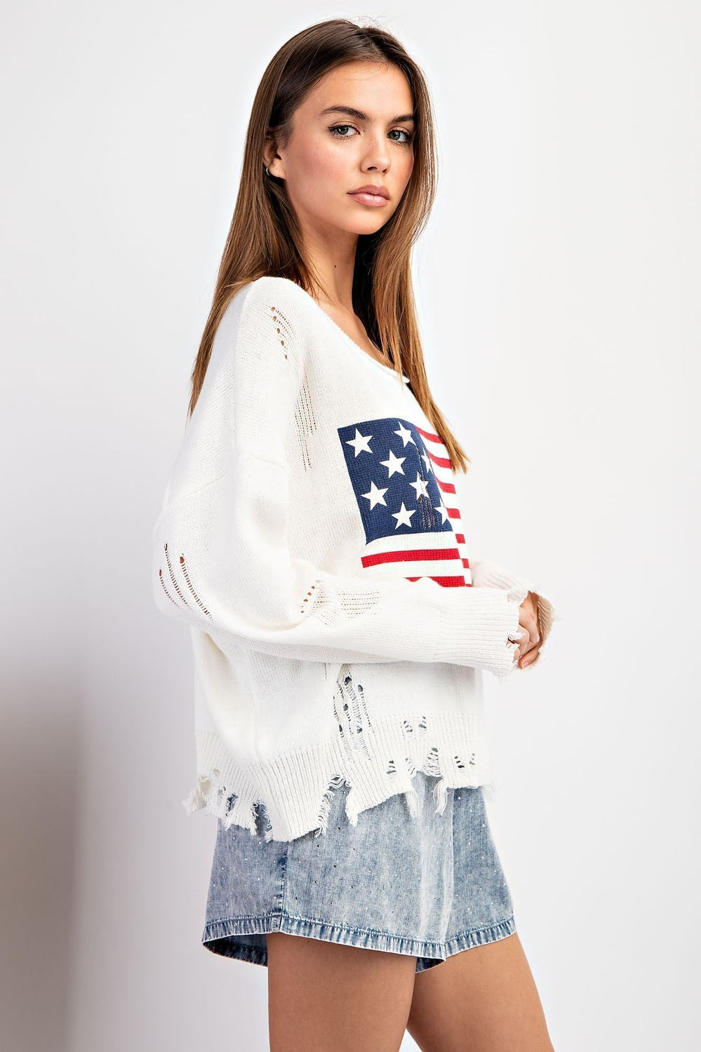 Distressed Long Sleeve Sweater w/ American Flag