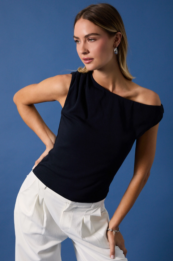 Asymmertrical Neck Sleeveless Knit Top