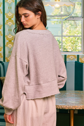 Lantern Sleeve V-neck Terry Top