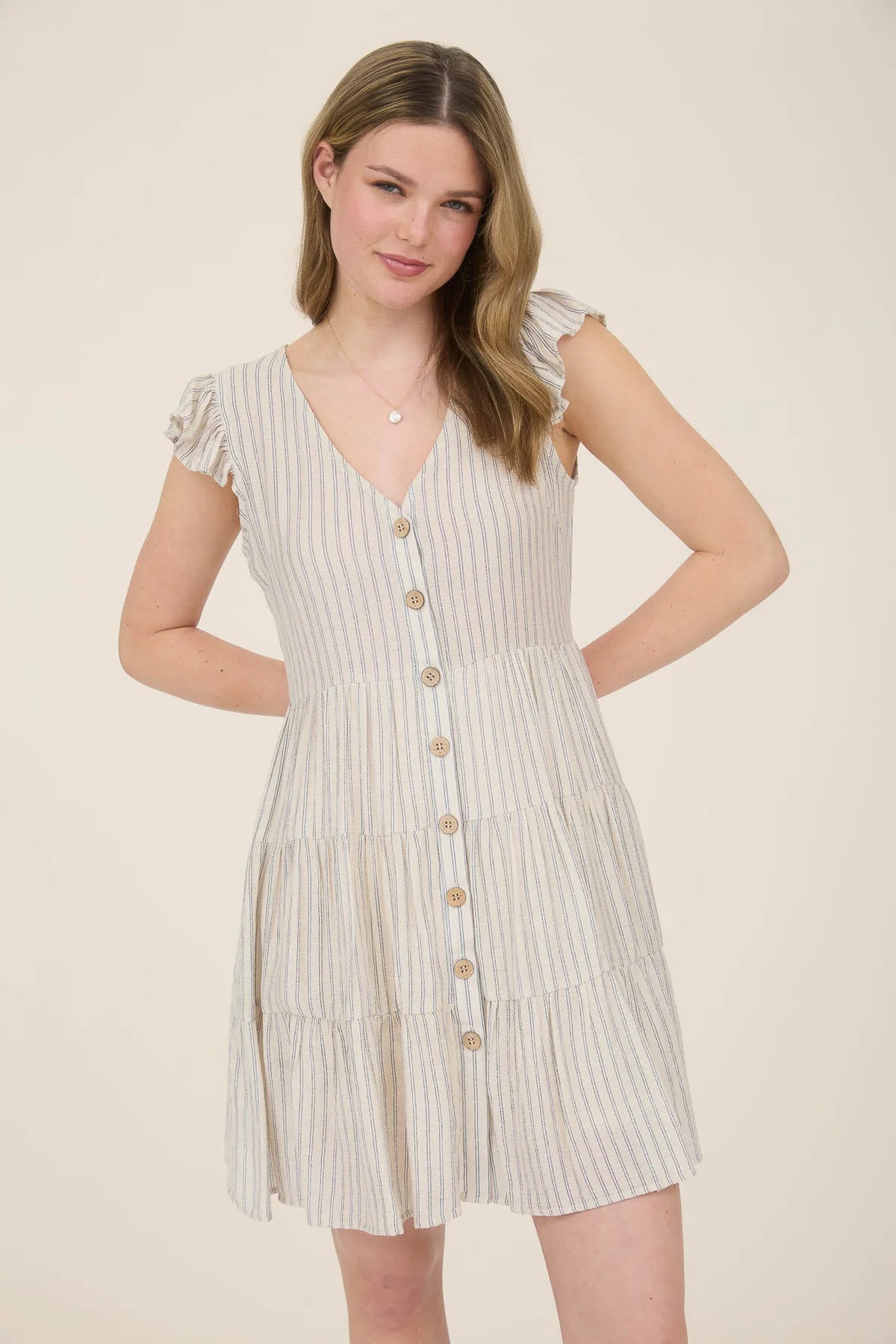 Stripe V Neck Button Down Tiered Mini Dress