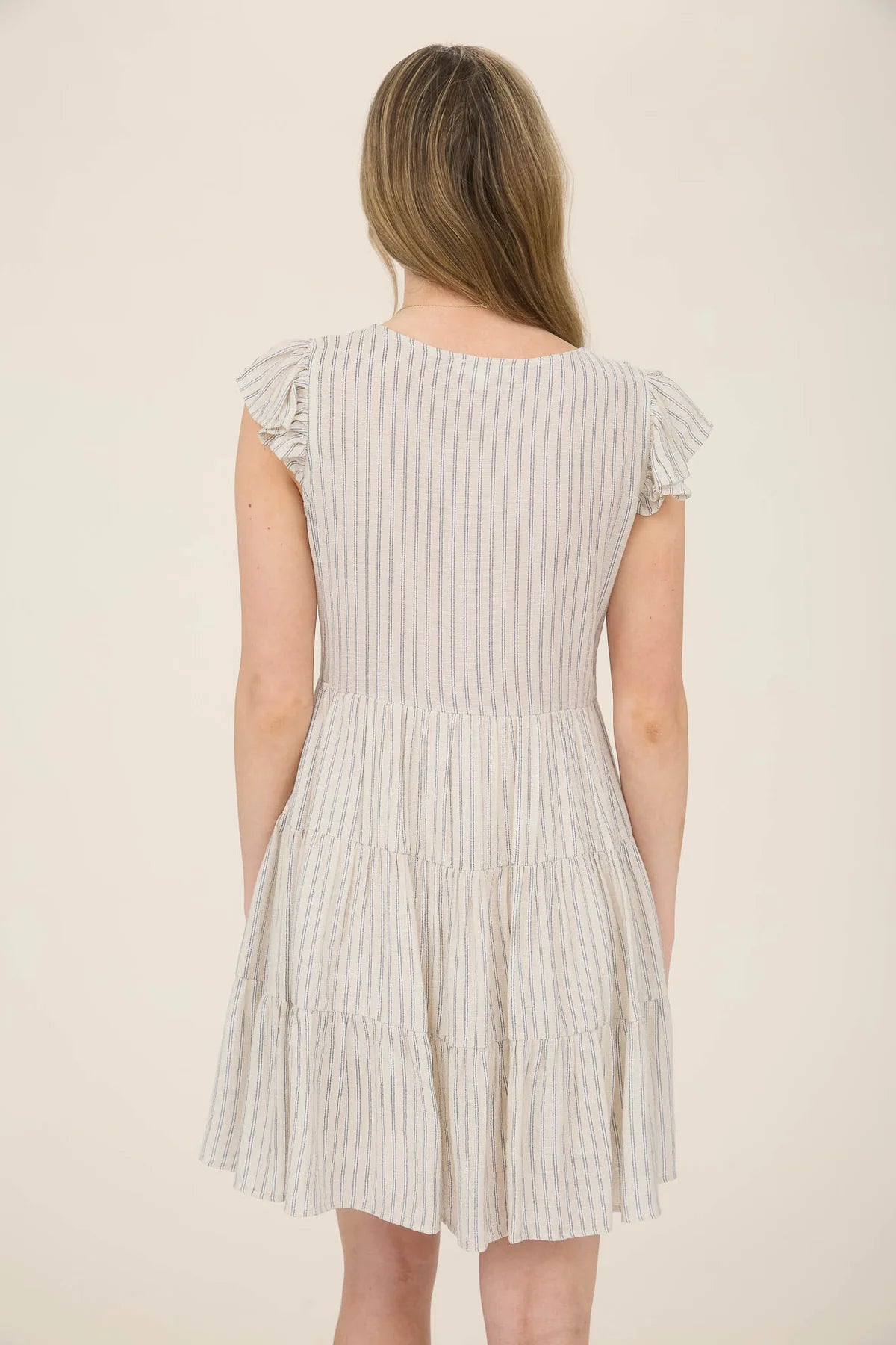 Stripe V Neck Button Down Tiered Mini Dress