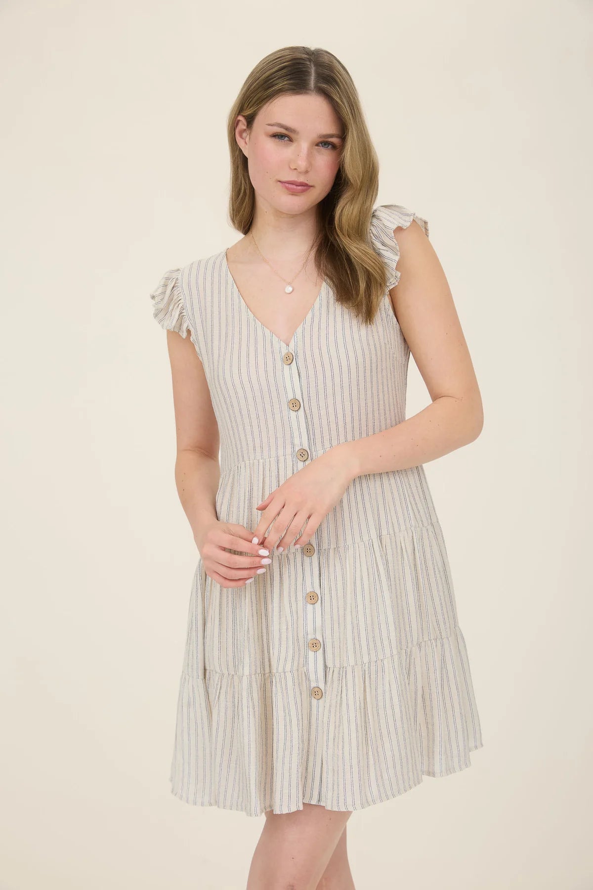 Stripe V Neck Button Down Tiered Mini Dress