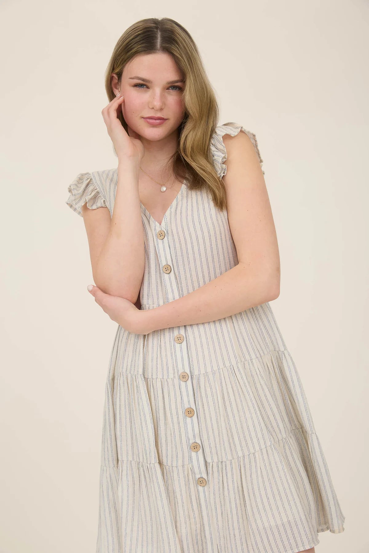 Stripe V Neck Button Down Tiered Mini Dress