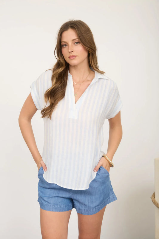 Stripe Collared V-Neck Short Sleeve Shirt