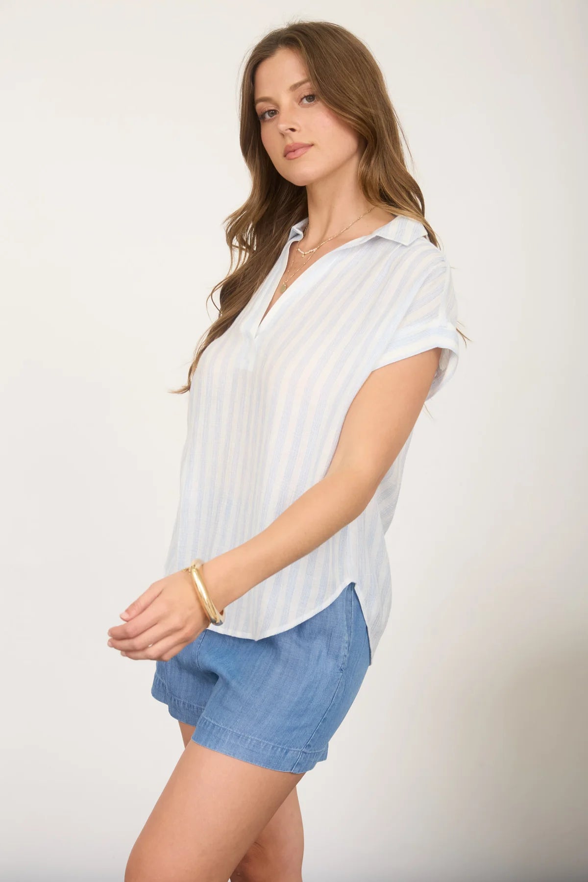Stripe Collared V-Neck Short Sleeve Shirt