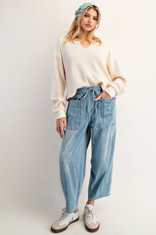 Snow Wash Thermal Knit Notched Long Sleeve Top