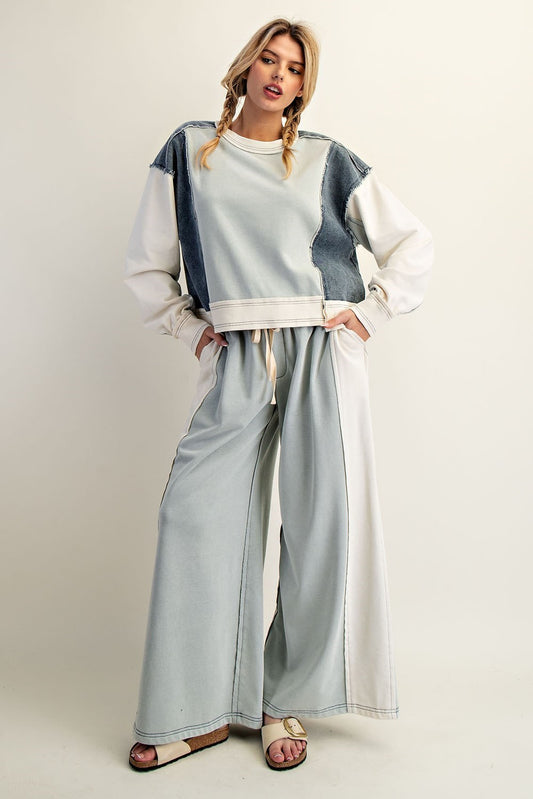 Frayed Color Block Long Sleeve Pullover