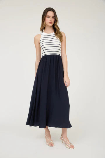 Stripe Tank Sleeveless Mixed Media Midi Dress