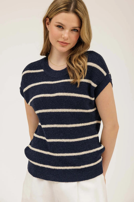 Stripe Extended Shoulder Short Sleeve Knit Sweater