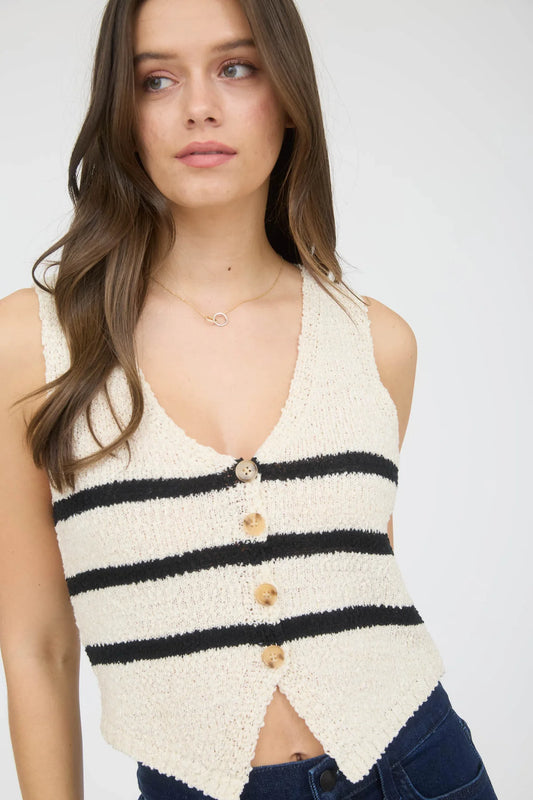 Stripe V Neck Button Front Sleeveless Knit Vest