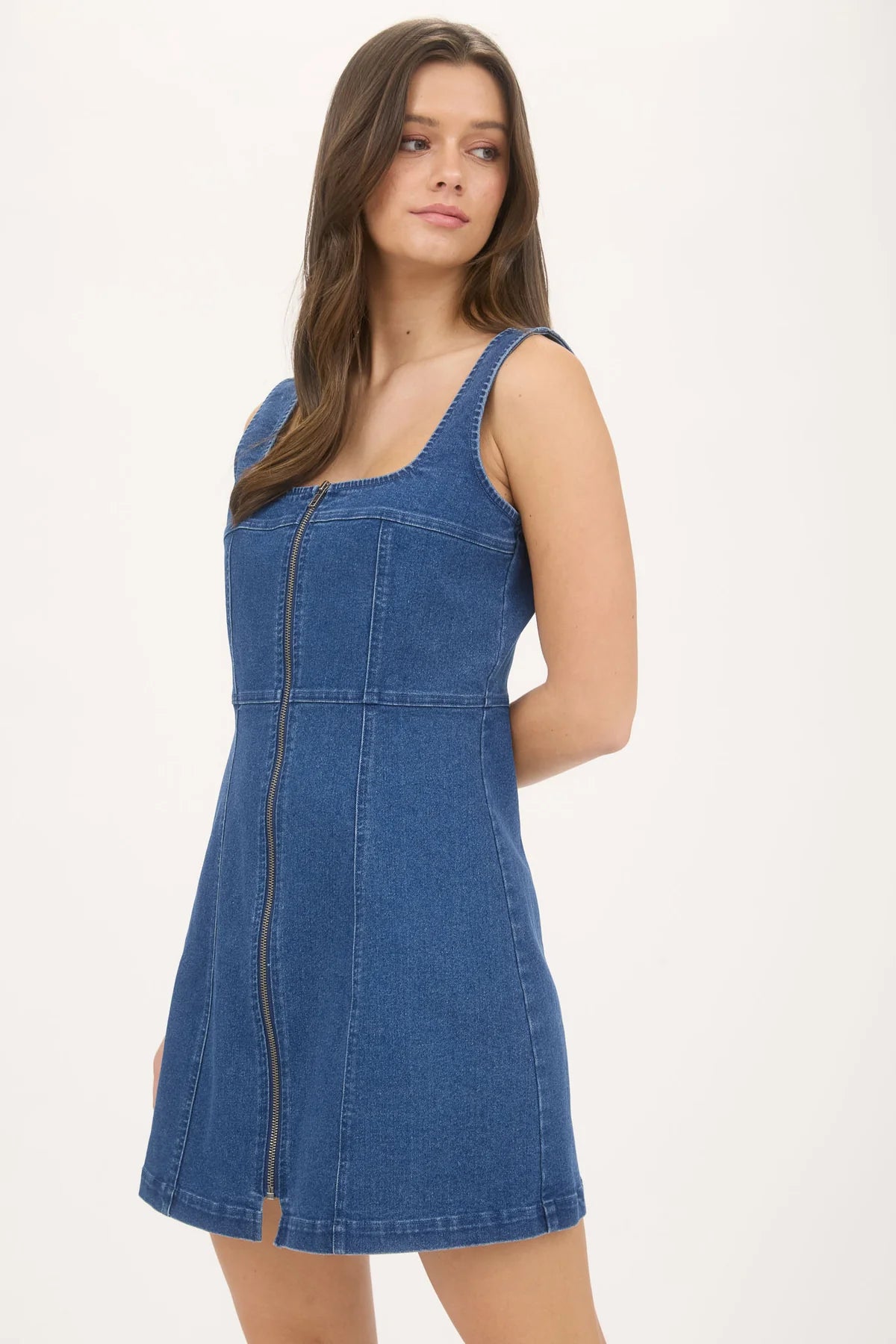 Denim Zip Up Sleeveless Mini Dress