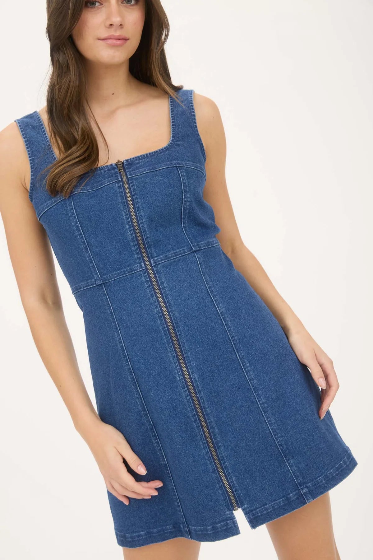 Denim Zip Up Sleeveless Mini Dress