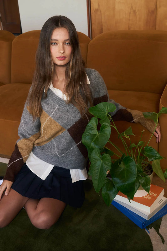 Argyle V Neck Long Sleeve Pullover Sweater