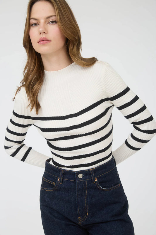 Mock Neck Stripe Long Sleeve Sweater Knit Pullover