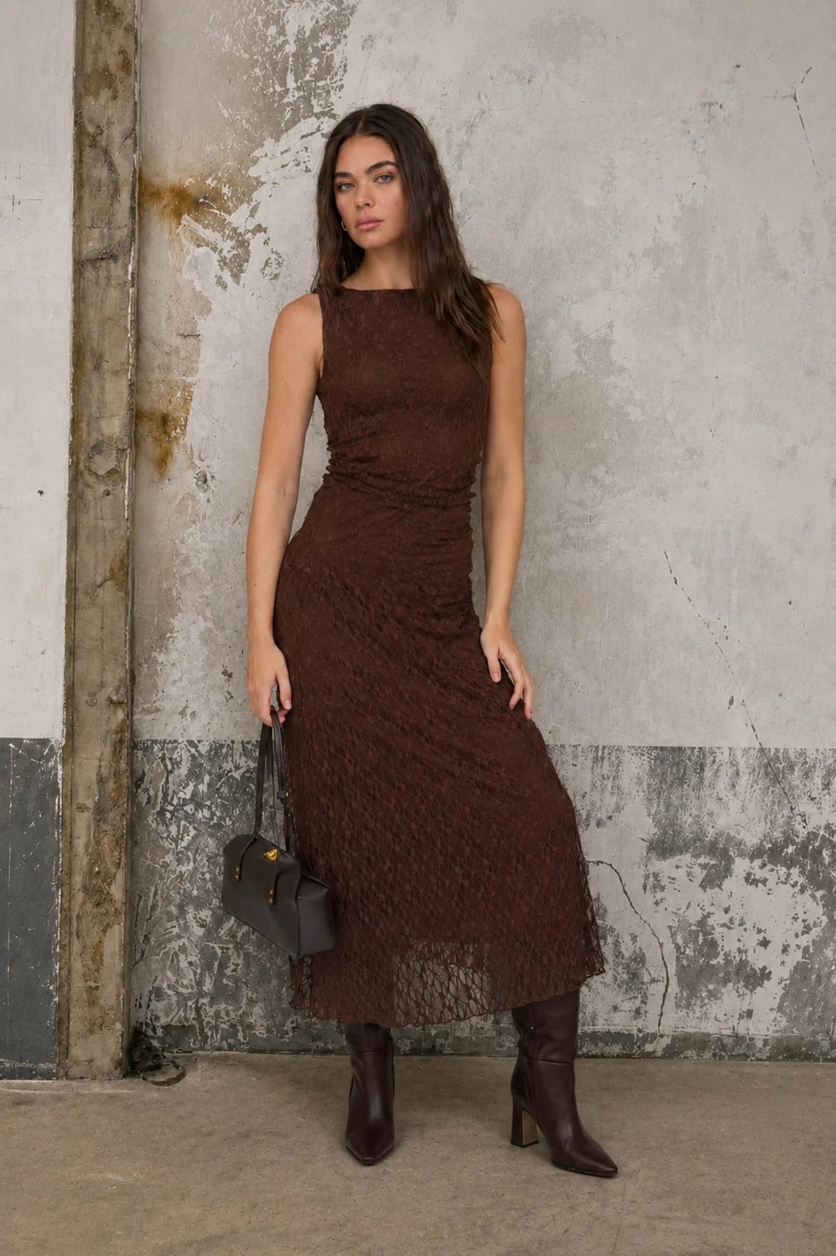 Lace Ruched Detail Tank Midi Dress