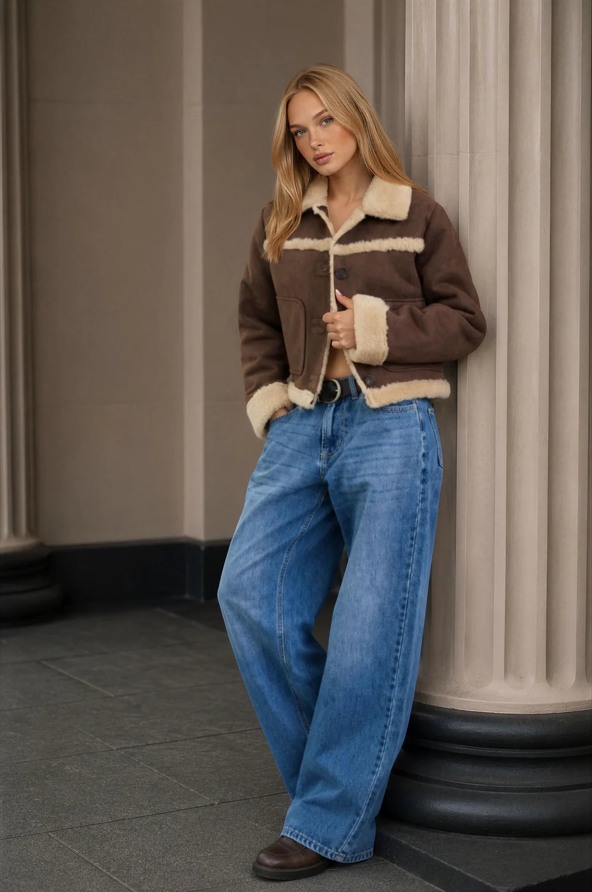 Shearling Collar Button Down Suede Jacket
