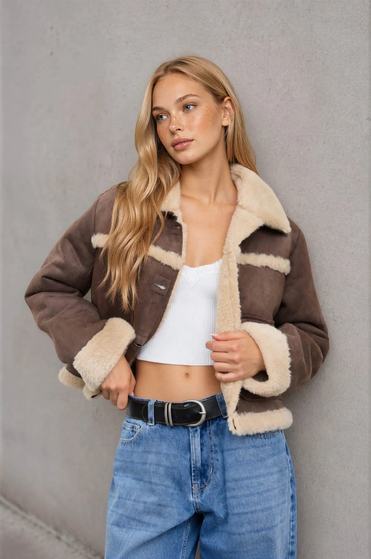 Shearling Collar Button Down Suede Jacket