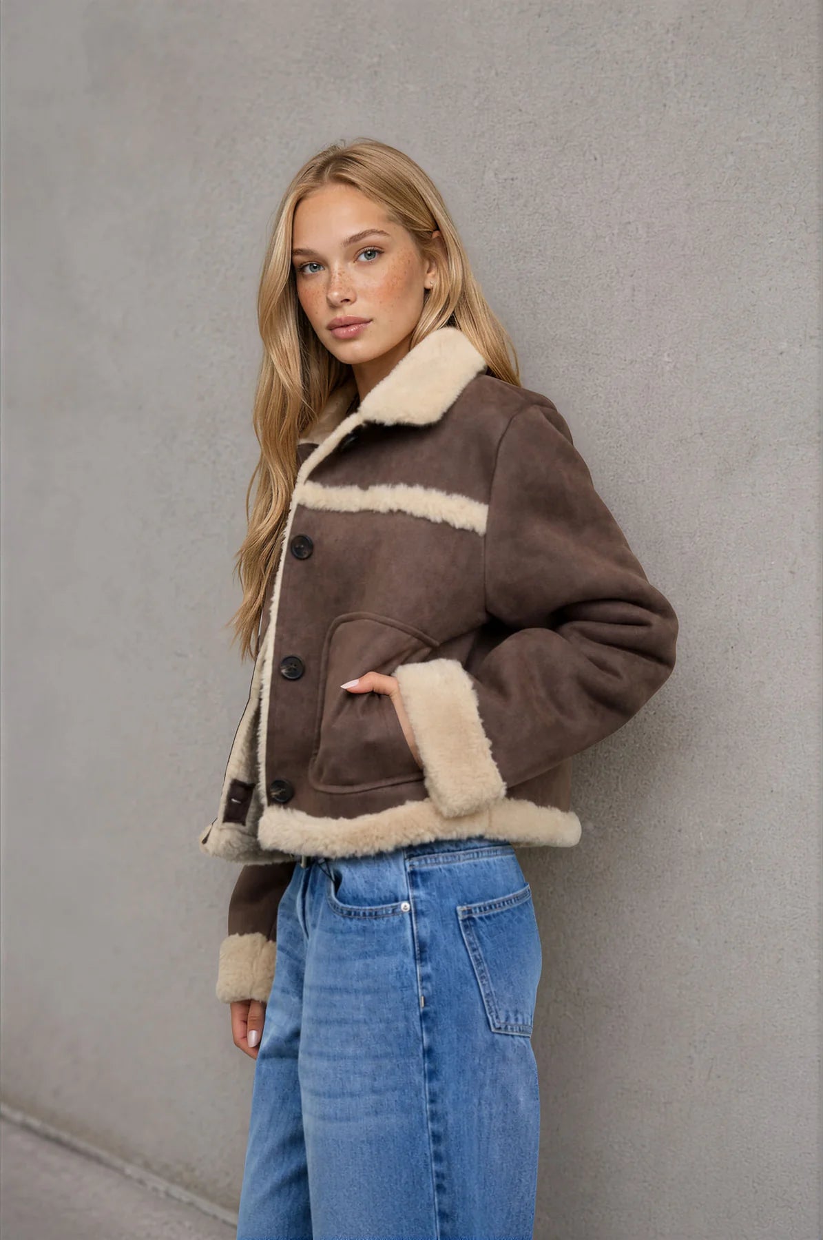 Shearling Collar Button Down Suede Jacket