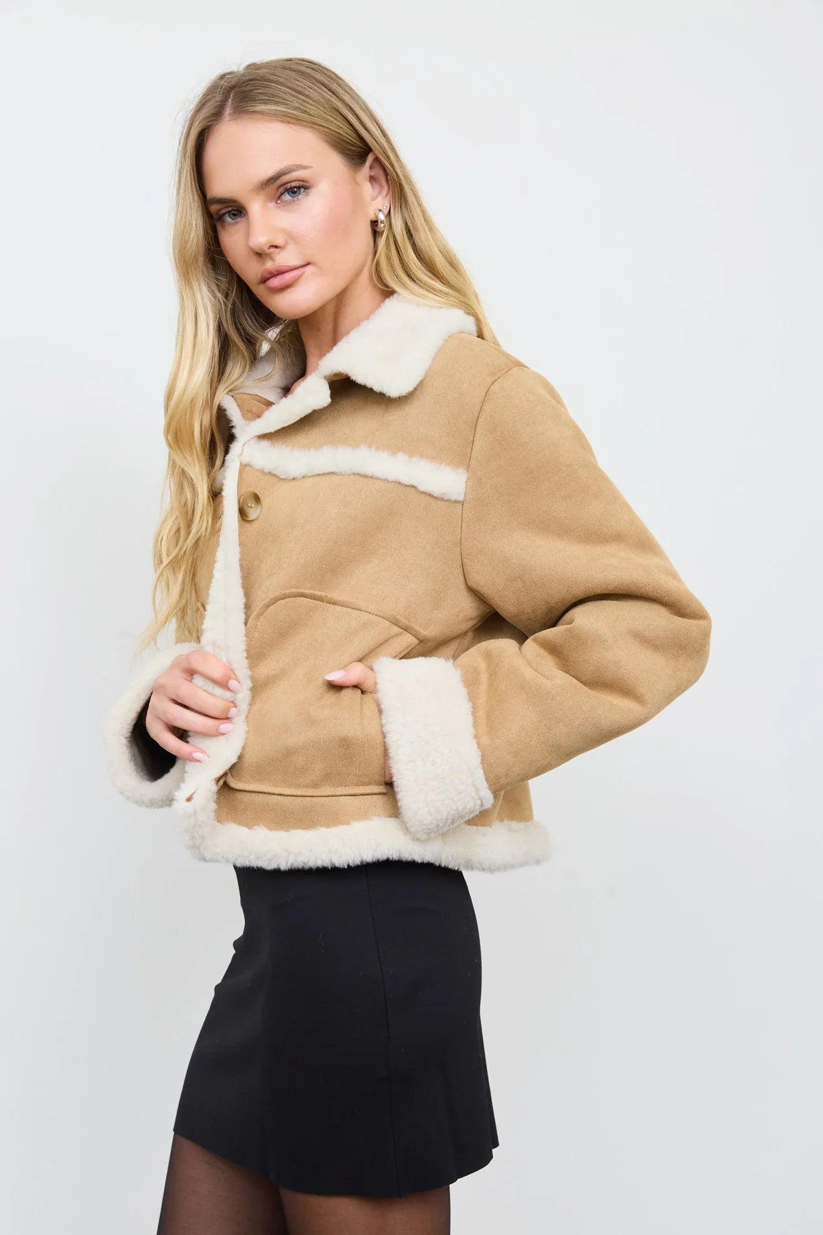 Shearling Collar Button Down Suede Jacket