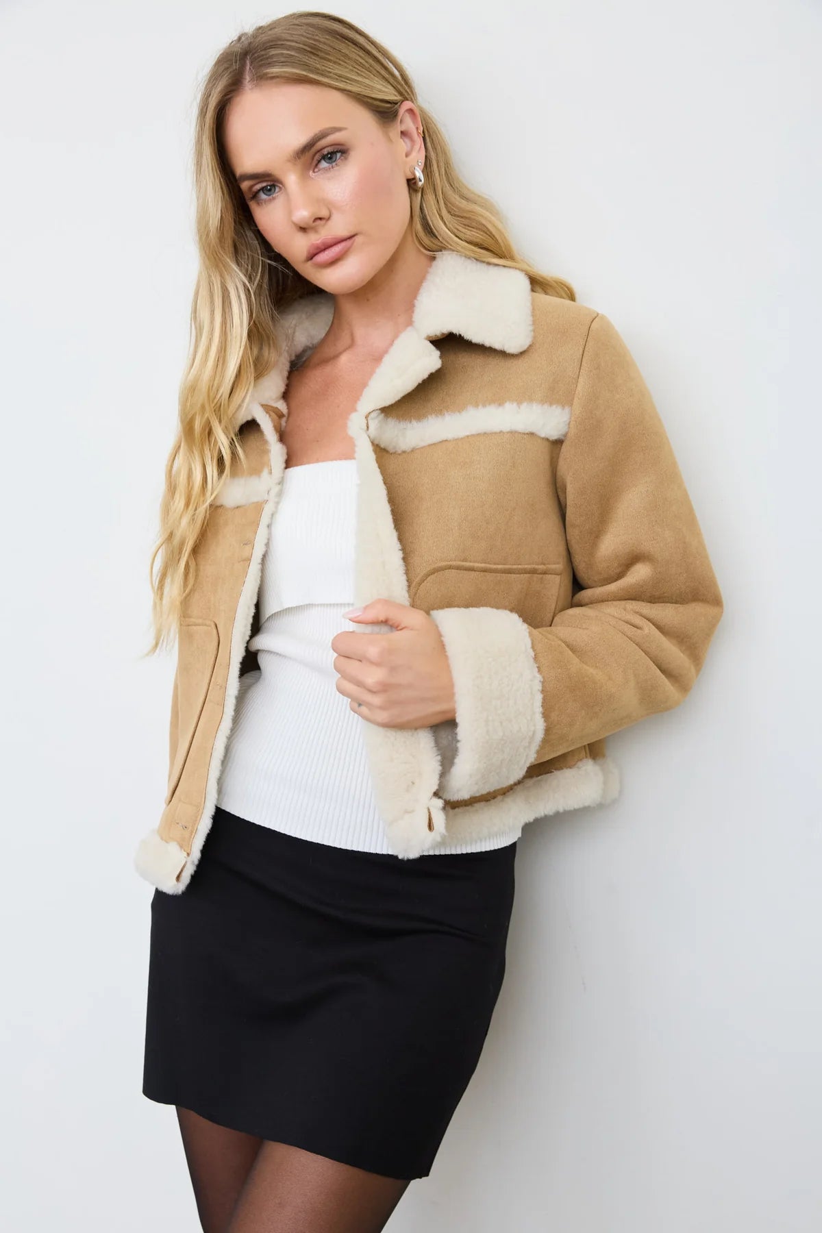 Shearling Collar Button Down Suede Jacket