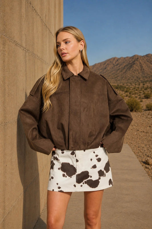 Suede Epaulet Collared Zip-Up Cropped Jacket