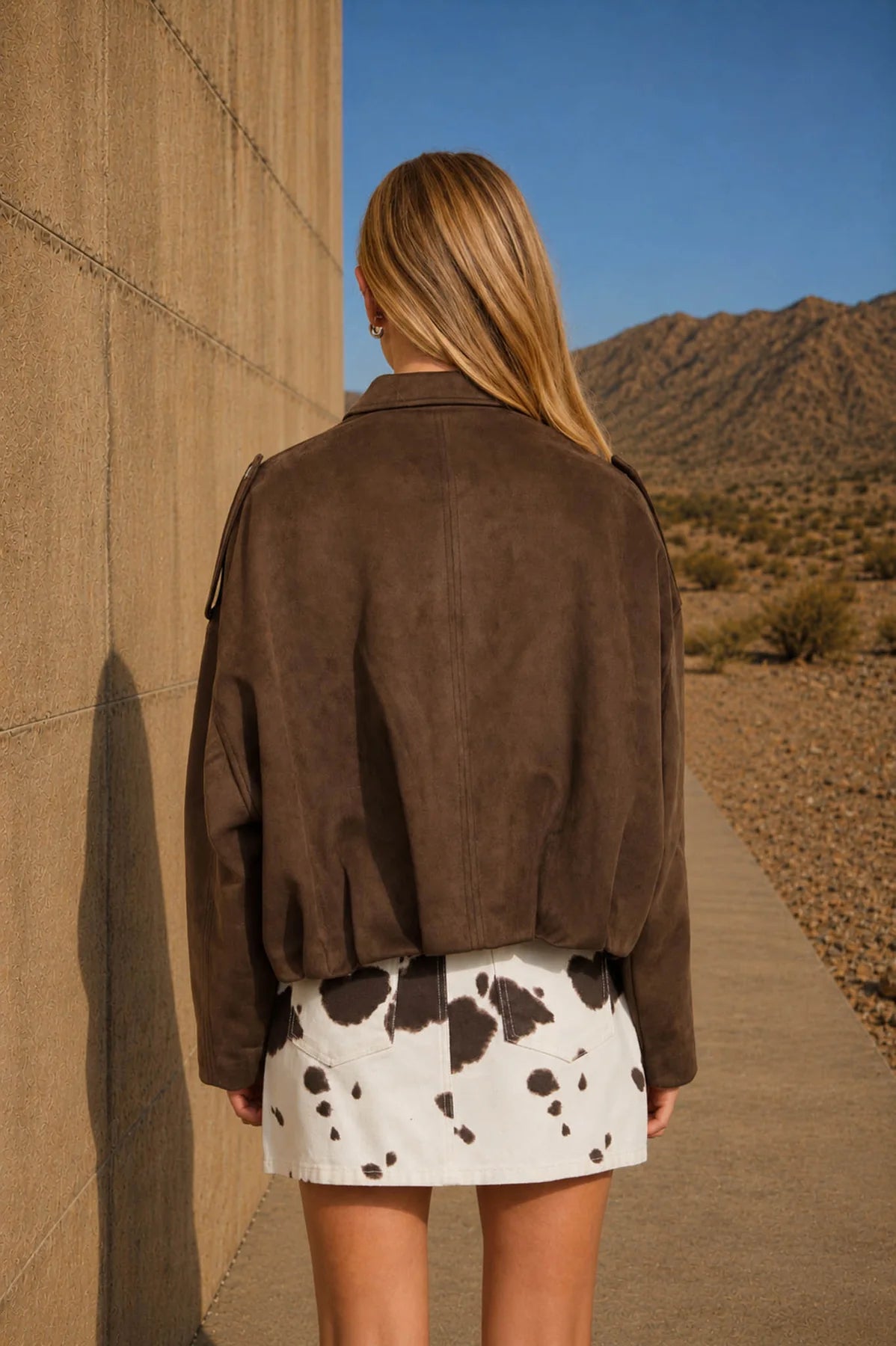 Suede Epaulet Collared Zip-Up Cropped Jacket