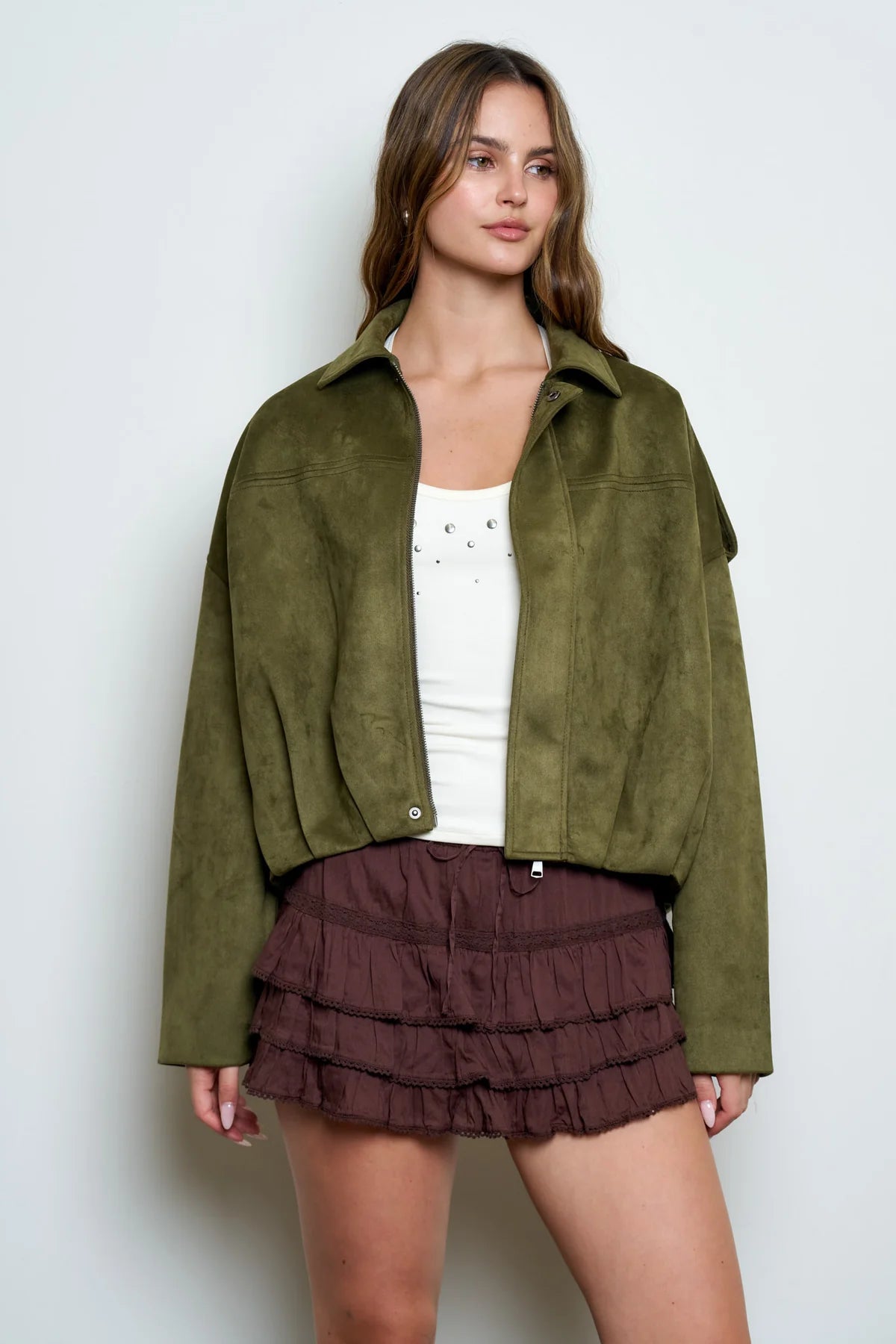 Suede Epaulet Collared Zip-Up Cropped Jacket