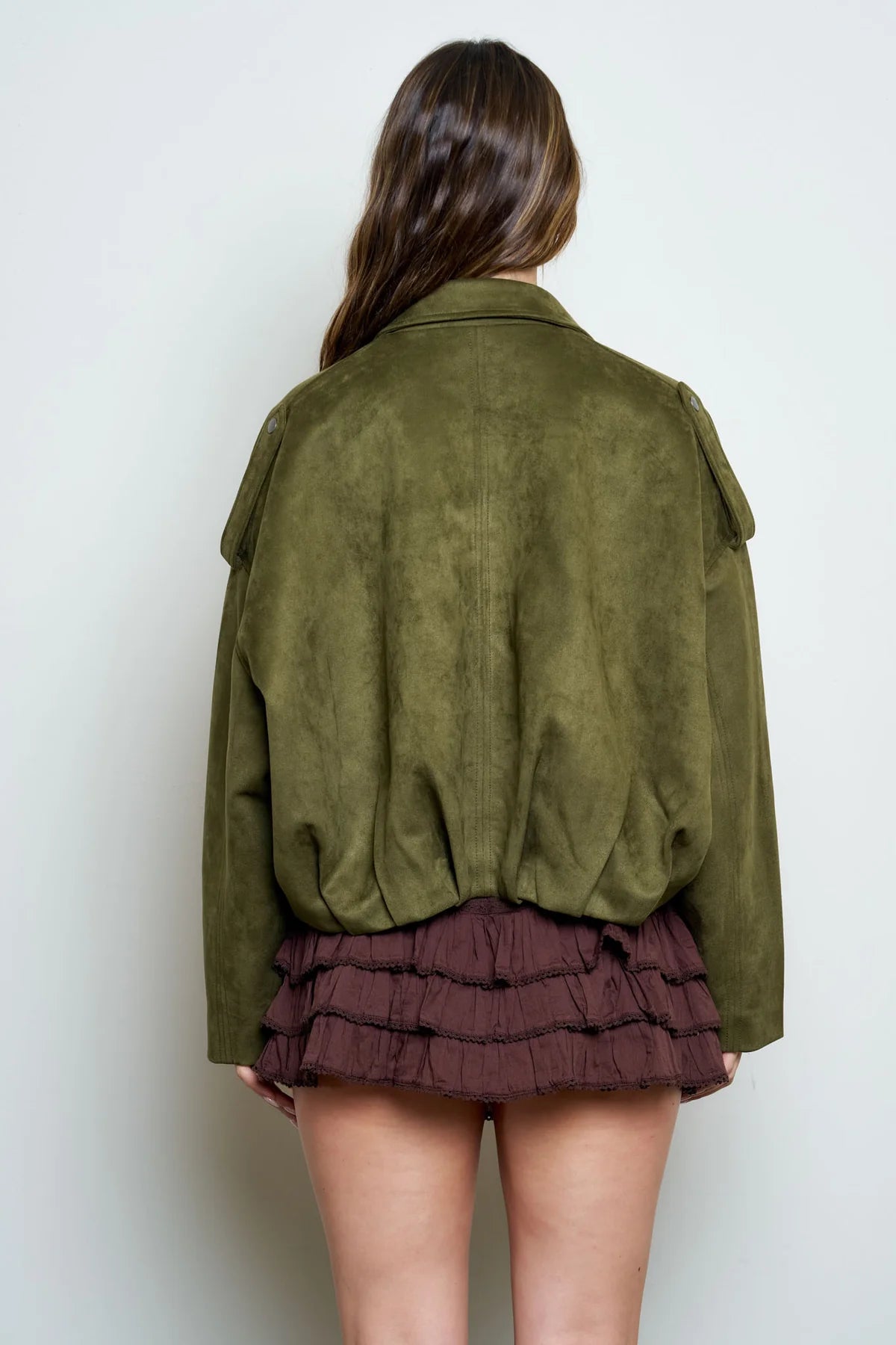Suede Epaulet Collared Zip-Up Cropped Jacket