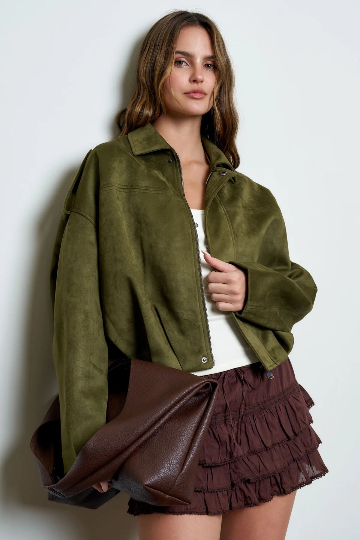 Suede Epaulet Collared Zip-Up Cropped Jacket