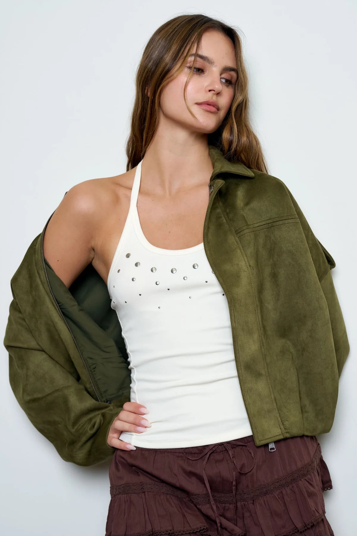 Suede Epaulet Collared Zip-Up Cropped Jacket
