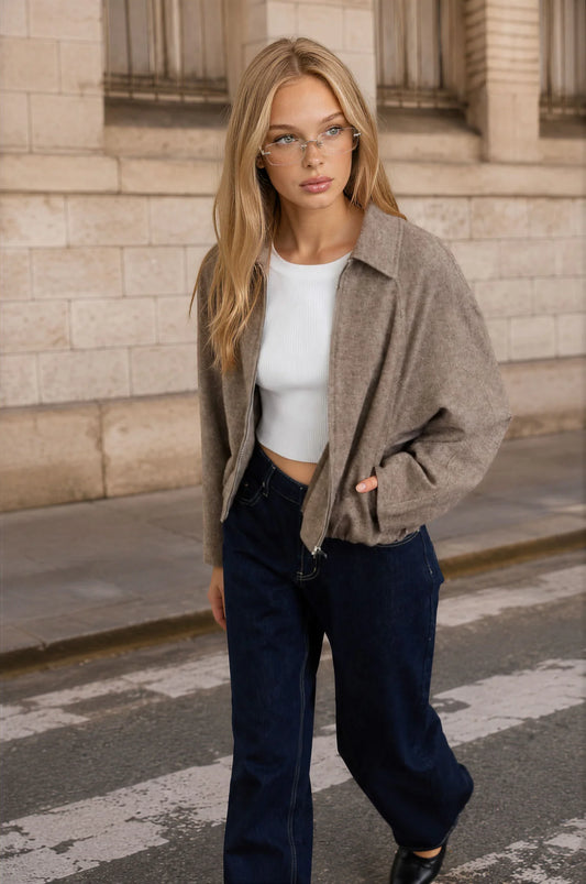 Raglan Zip-up Cropped Balloon Hem Jacket