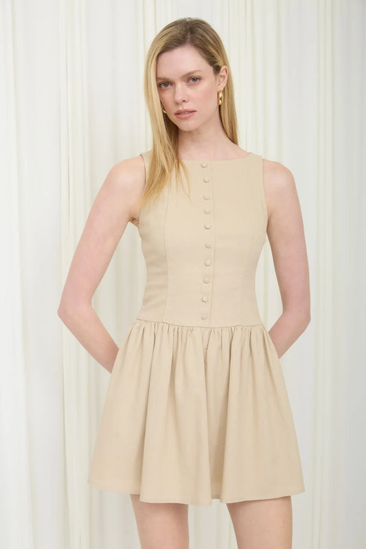 Boat Neck Sleeveless Button Down Linen Mini Dress