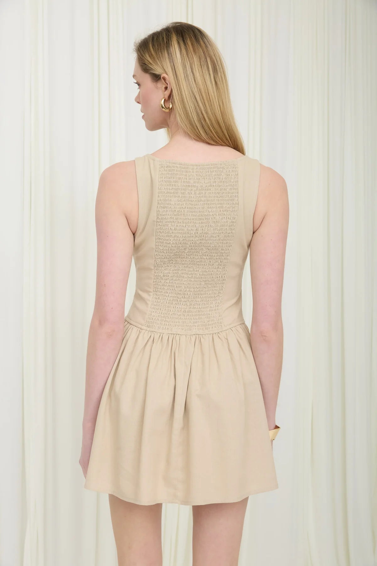 Boat Neck Sleeveless Button Down Linen Mini Dress