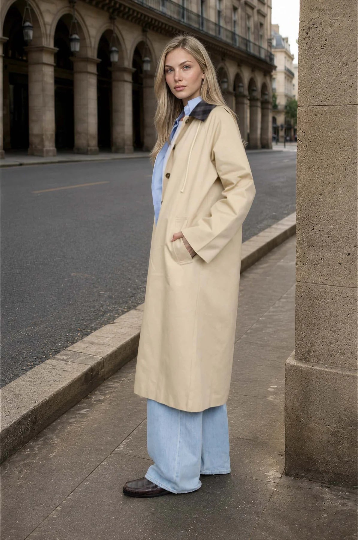 Plaid Collor Hooded Long Coat