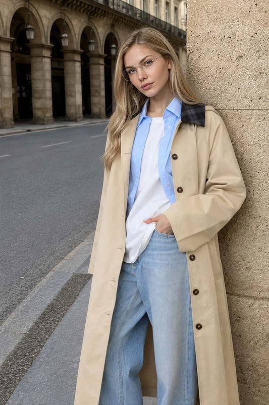 Plaid Collor Hooded Long Coat